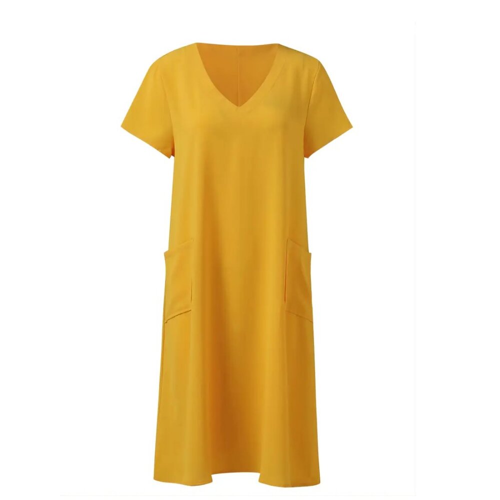 Lightweight Casual Summer Dress V-Neck Pockets Loose Fit Yellow Women 2X